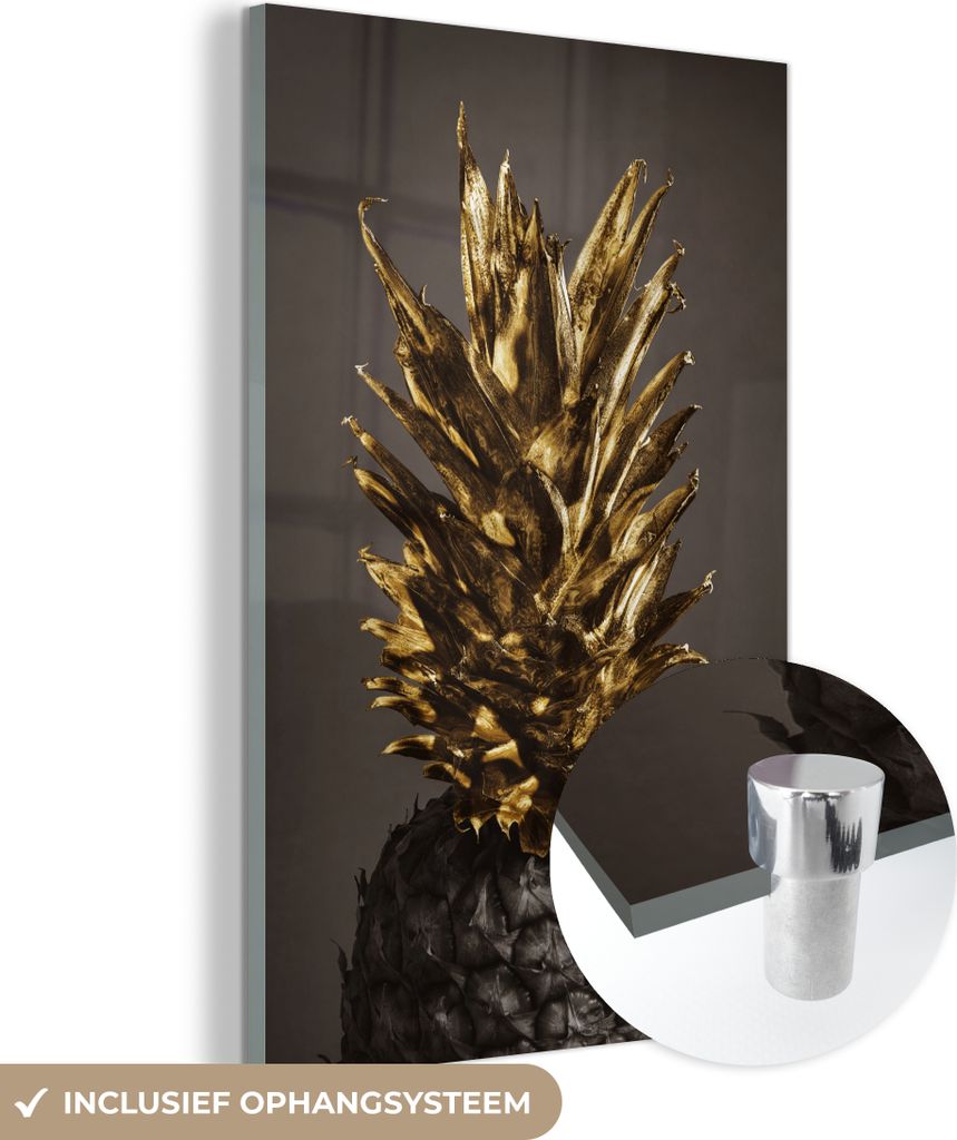 MuchoWow Glasbilder - Bilder auf Wandbild - Foto auf Glas Obst - Ananas - Gold 60x90 cm Wanddekoration aus Glas - Acrylglasbild - Acrylbilder - Pre...