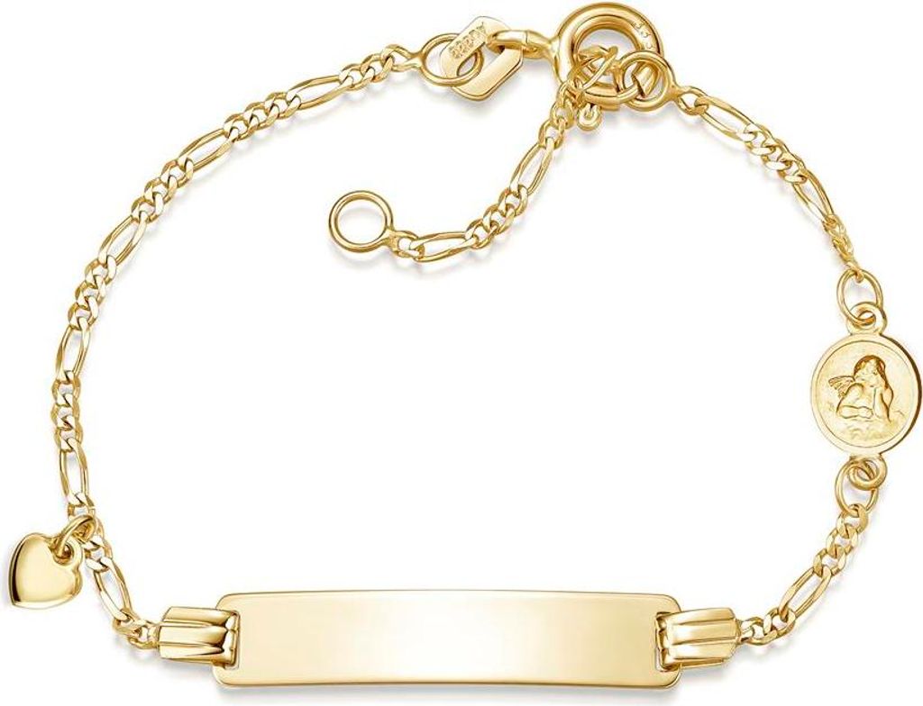 SILBERKETTEN STORE Kinder-Gravurarmband Figaro 2mm Herz und Schutzengel - 333 Gelbgold - 15cm