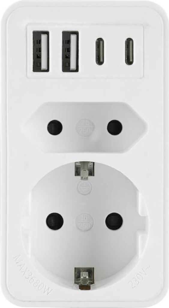Steckdosenadapter mit 4x USB und 2x 230V Steckdosen 3680W
