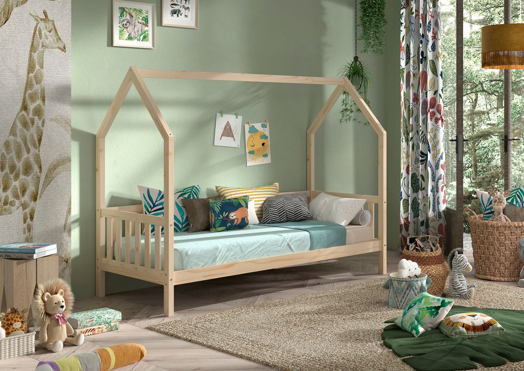 VIPACK - CABANE Hausbett 90x200 cm und seitlicher Umrandung, Kiefer massiv natur