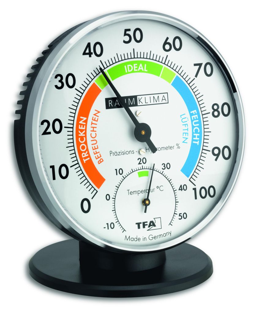 A close-up studio shot of an analog thermo-hygrometer on a black stand.