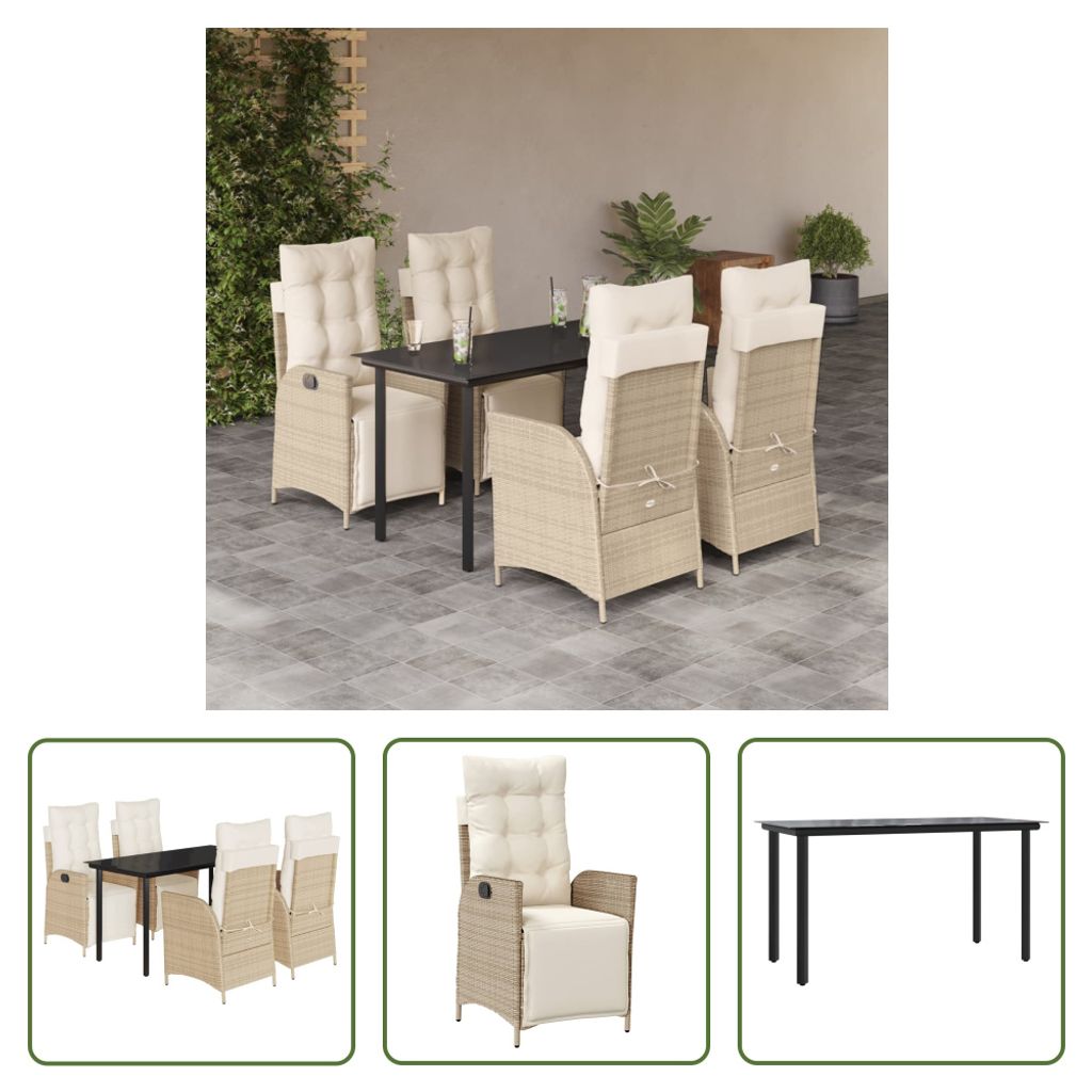The Living Store 5-tlg. Garten-Essgruppe mit Kissen Beige Poly Rattan