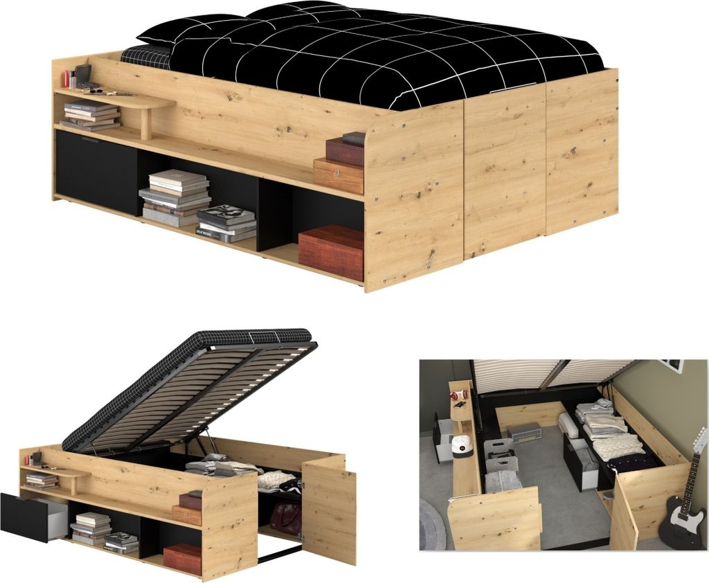 Lit adulte avec caisson de levage - Chêne et noir 166 x 67 Image du produit 