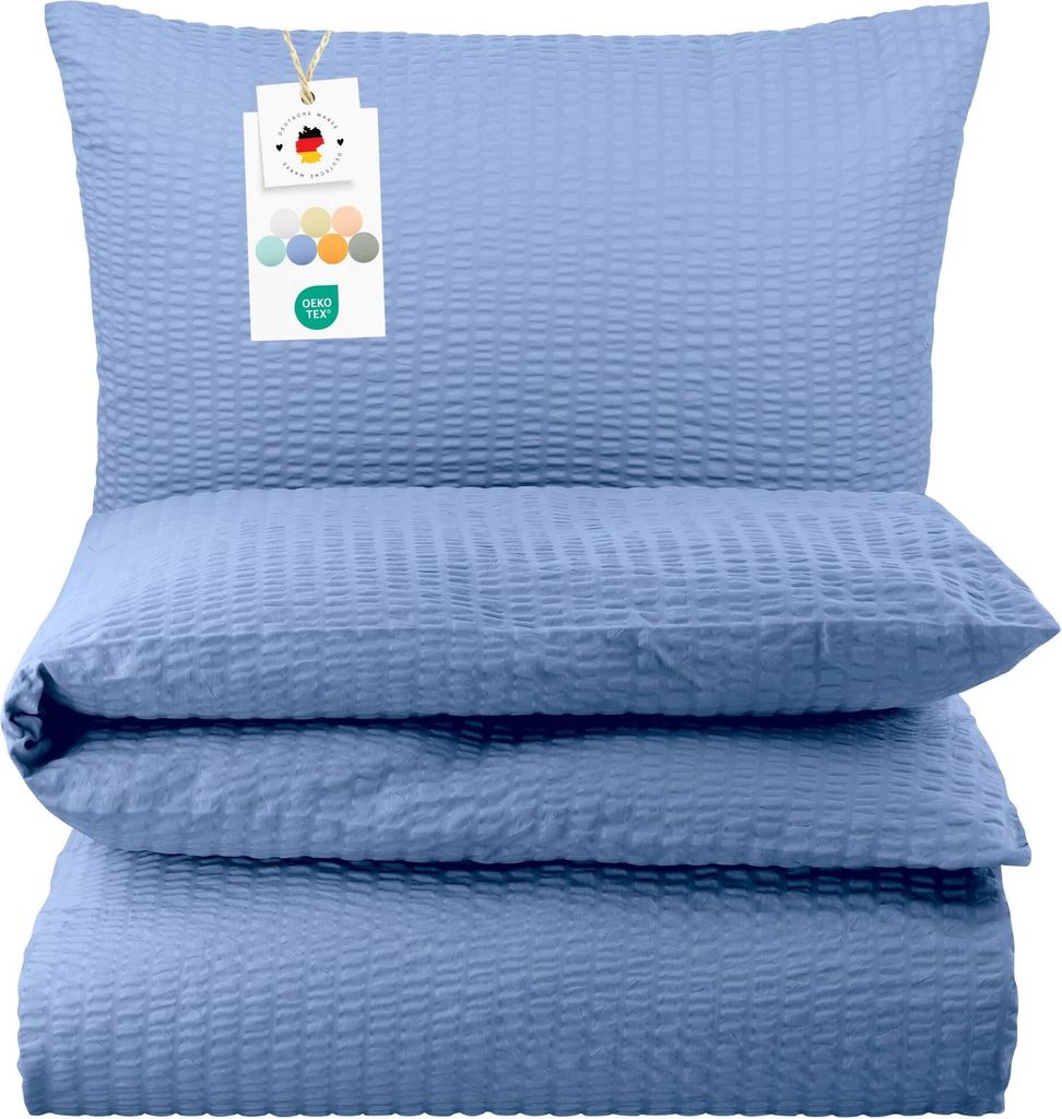 Seersucker Bettwäsche 155x220 Einfarbig Hellblau Uni blaue Bettwäsche Sommer Bettbezug 155 x 220 - Bügelfrei