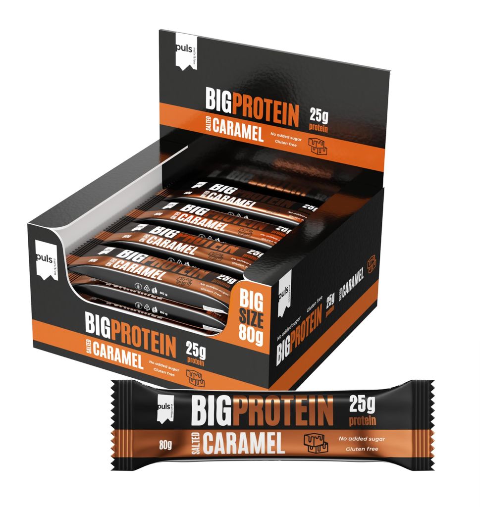 PULS NUTRITION Big Protein riegel – 25g Eiweiß pro Riegel – Salzkaramell 12 x 80g, Ohne Zuckerzusatz & Glutenfrei