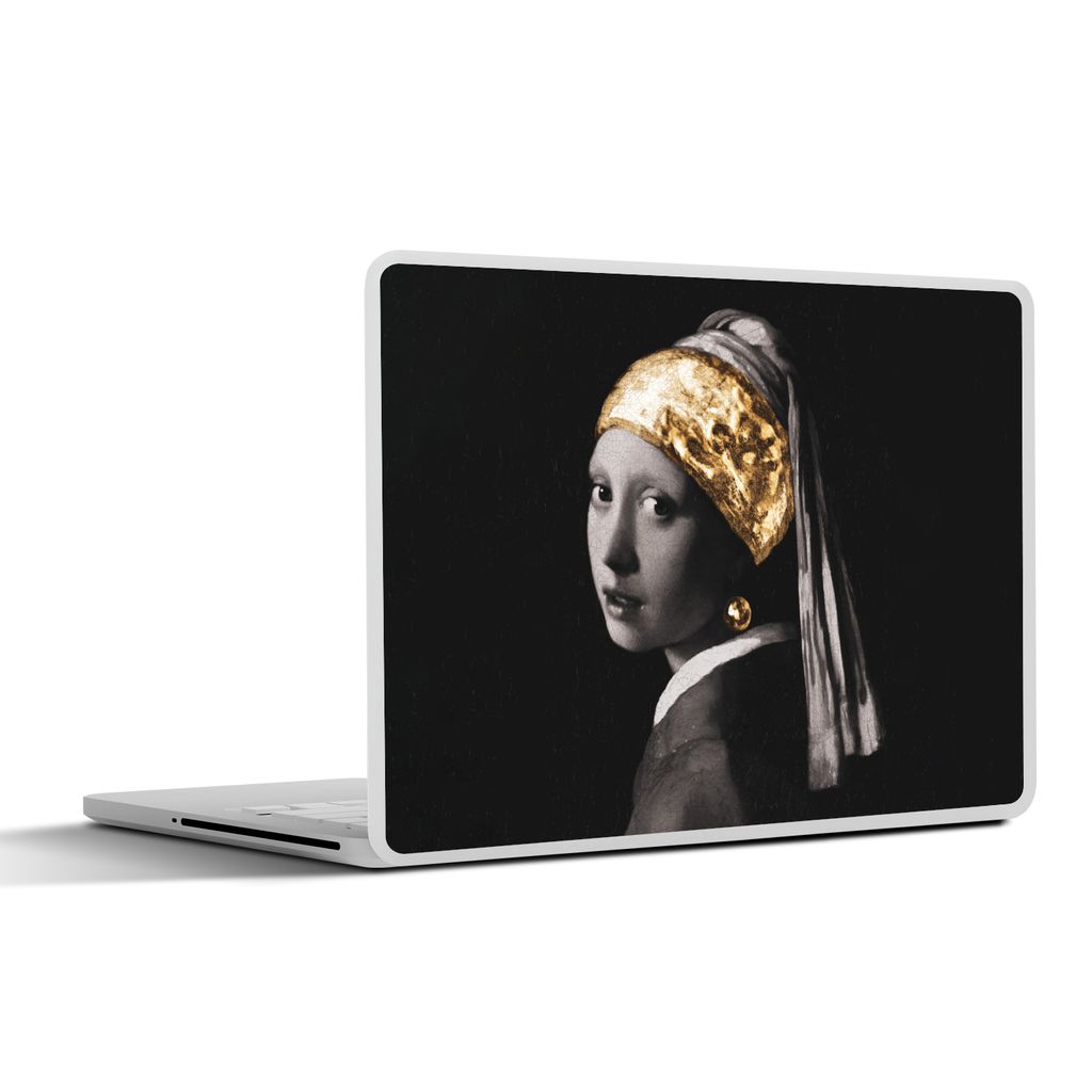 MuchoWow Laptop Aufkleber Sticker Cover Mädchen mit Perlenohrring - Vermeer - Gold - Schwarz - Weiß 25x18 cm - Laptop-Deko