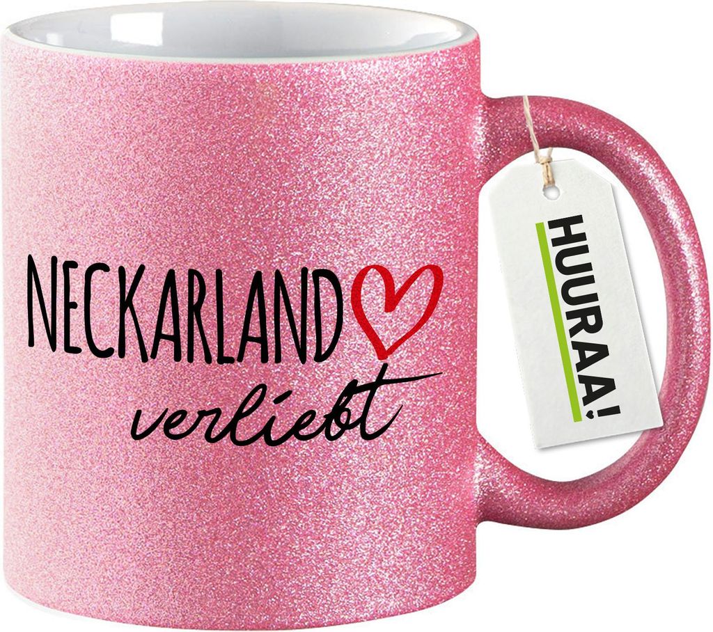Huuraa Glitzertasse Neckarland verliebt 330ml Pink Keramik Kaffeebecher Geschenkidee