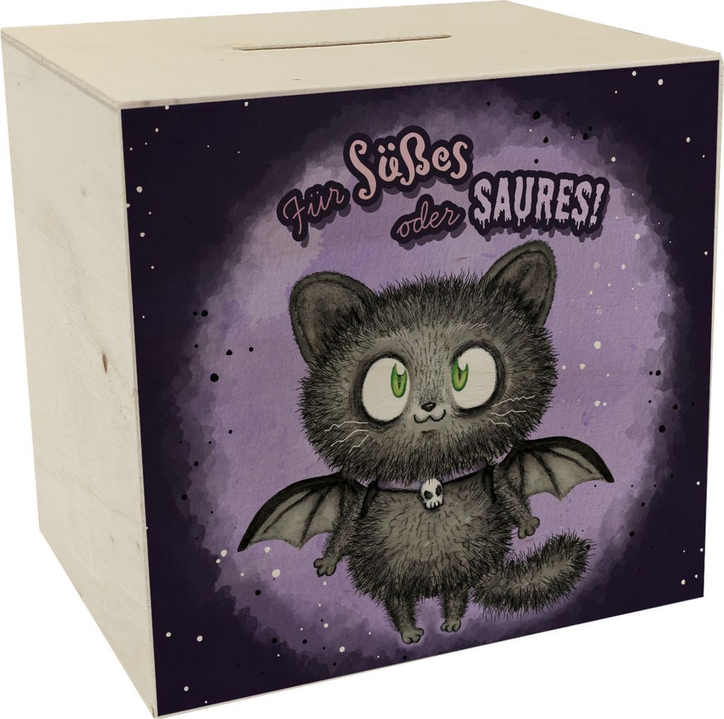 Schwarze Fledermaus-Katze Spardose aus Holz mit Spruch Für Süßes oder Saures