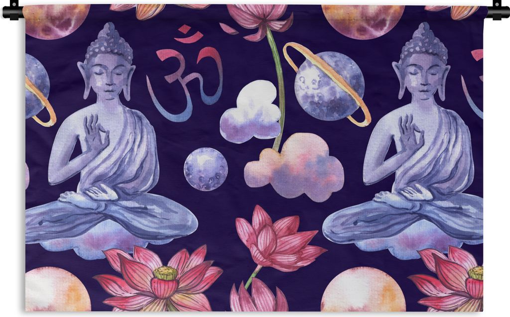 MuchoWow Wandteppich Wandbehang Buddha - Planeten - Muster 90x60 cm Tapisserie Dekoration Wandtuch - Wandskulpturen - Bildteppich