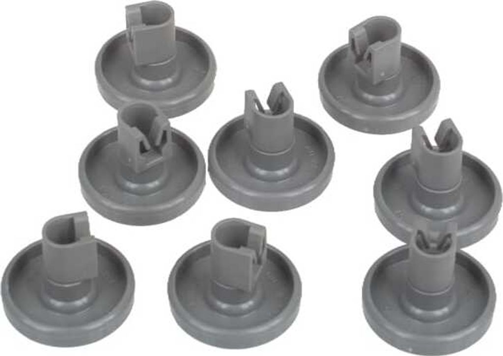 A collection of gray dishwasher basket rollers on a white background.