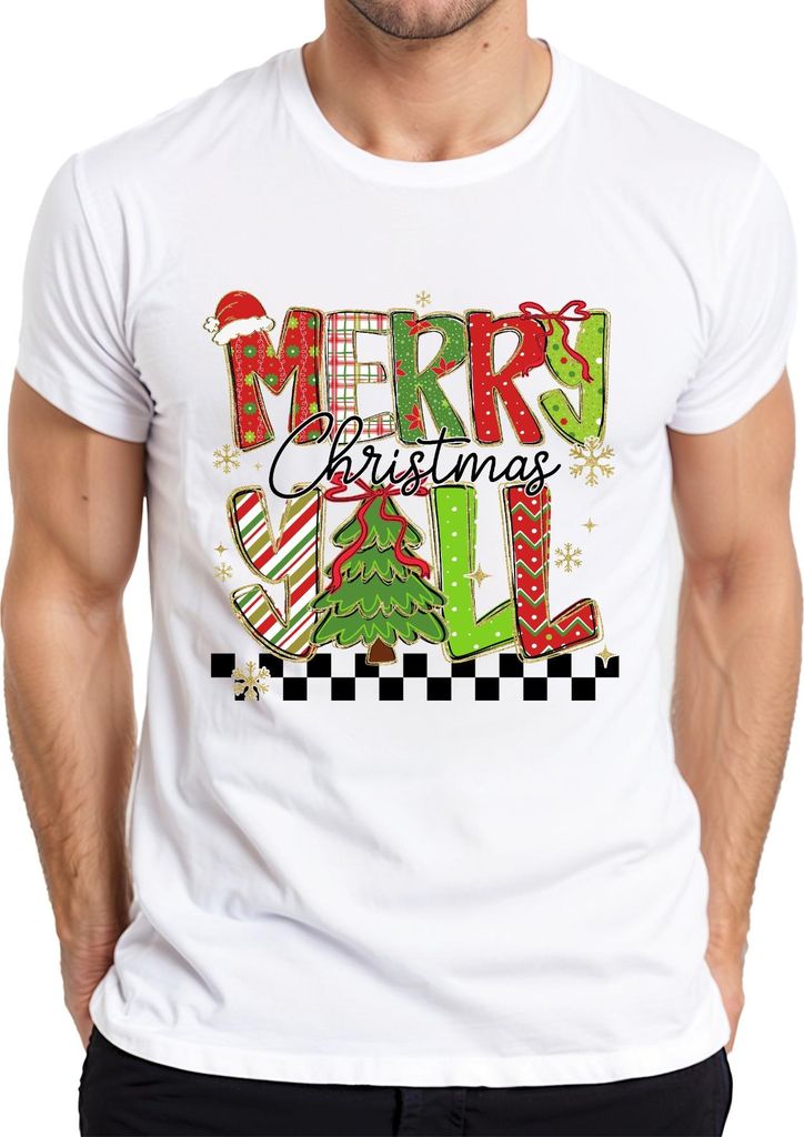 Merry Christmas Y'all Weihnachten Tannenbaum gestreift Glitzer Herren T-Shirt, Weiß, S