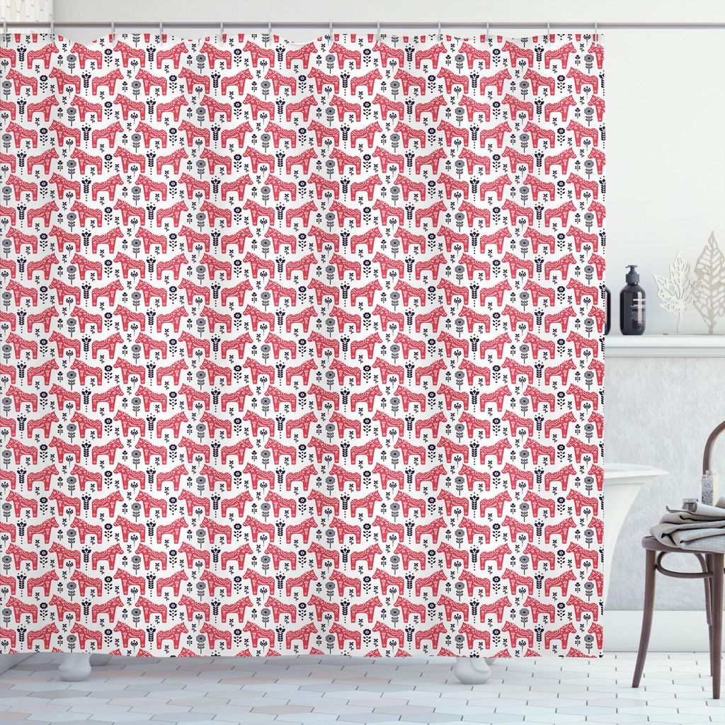 ABAKUHAUS Ethnisch Duschvorhang, Schwedische Pferd mit Floralen Ornamenten Folklore Kunst Muster, 175 x 220 cm, Dunkler Coral Indigo