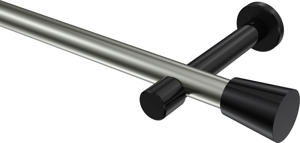 Interdeco Gardinenstange / Vorhangstange Edelstahl-Optik / Schwarz, Typ Prestige Sitra (Konus) ohne Ringe, 20 mm Ø 1-läufig, 200 cm