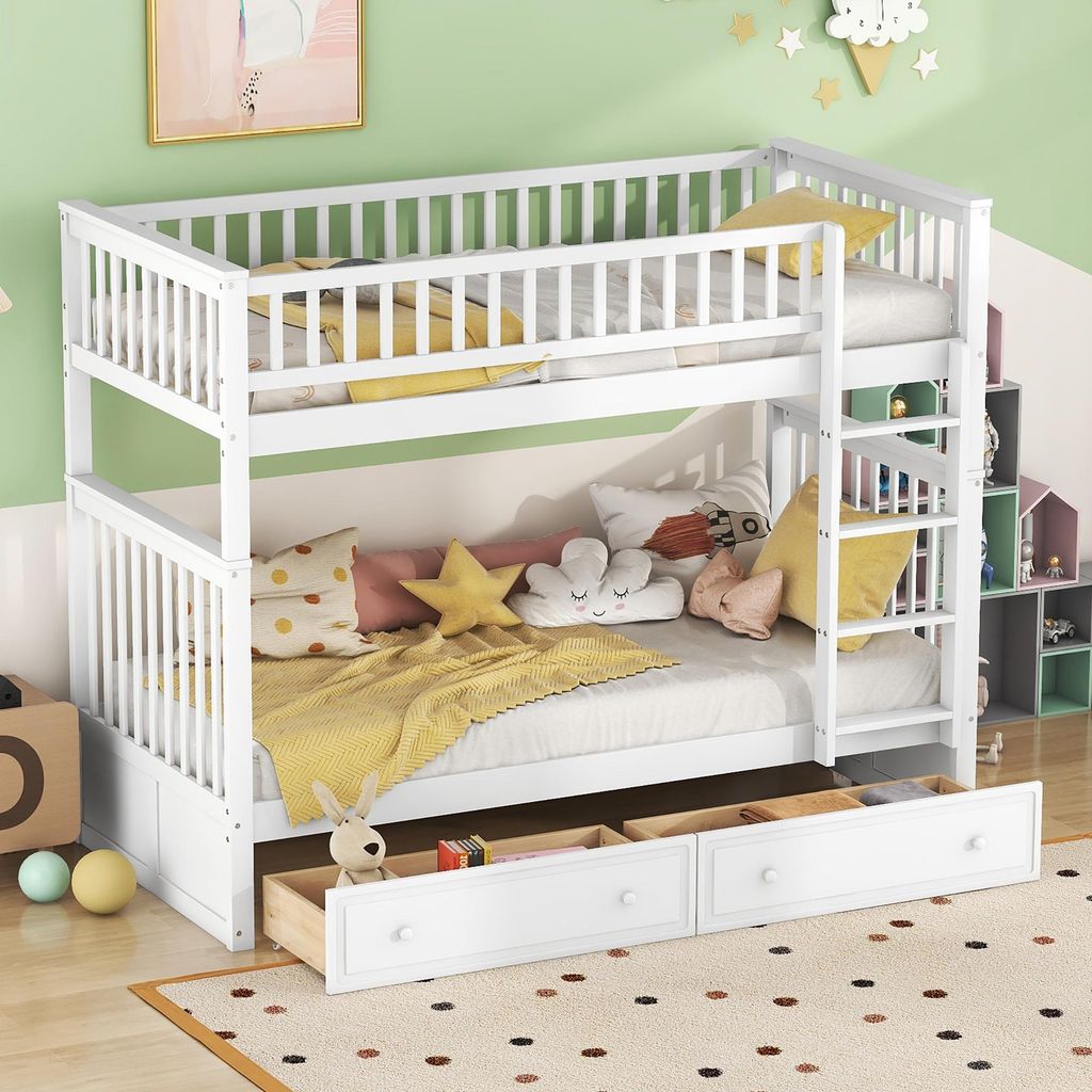Etagenbetten 90x200 cm, Kinderbetten, Funktionsbetten, Etagenbett mit Schubladen, umbaubare Betten, weiß