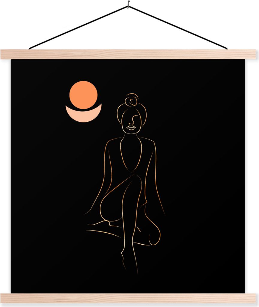 MuchoWow Textilposter Frau - Strichzeichnung - Gold 120x120 cm mit holzfarbenen Rahmen - Textil-Poster