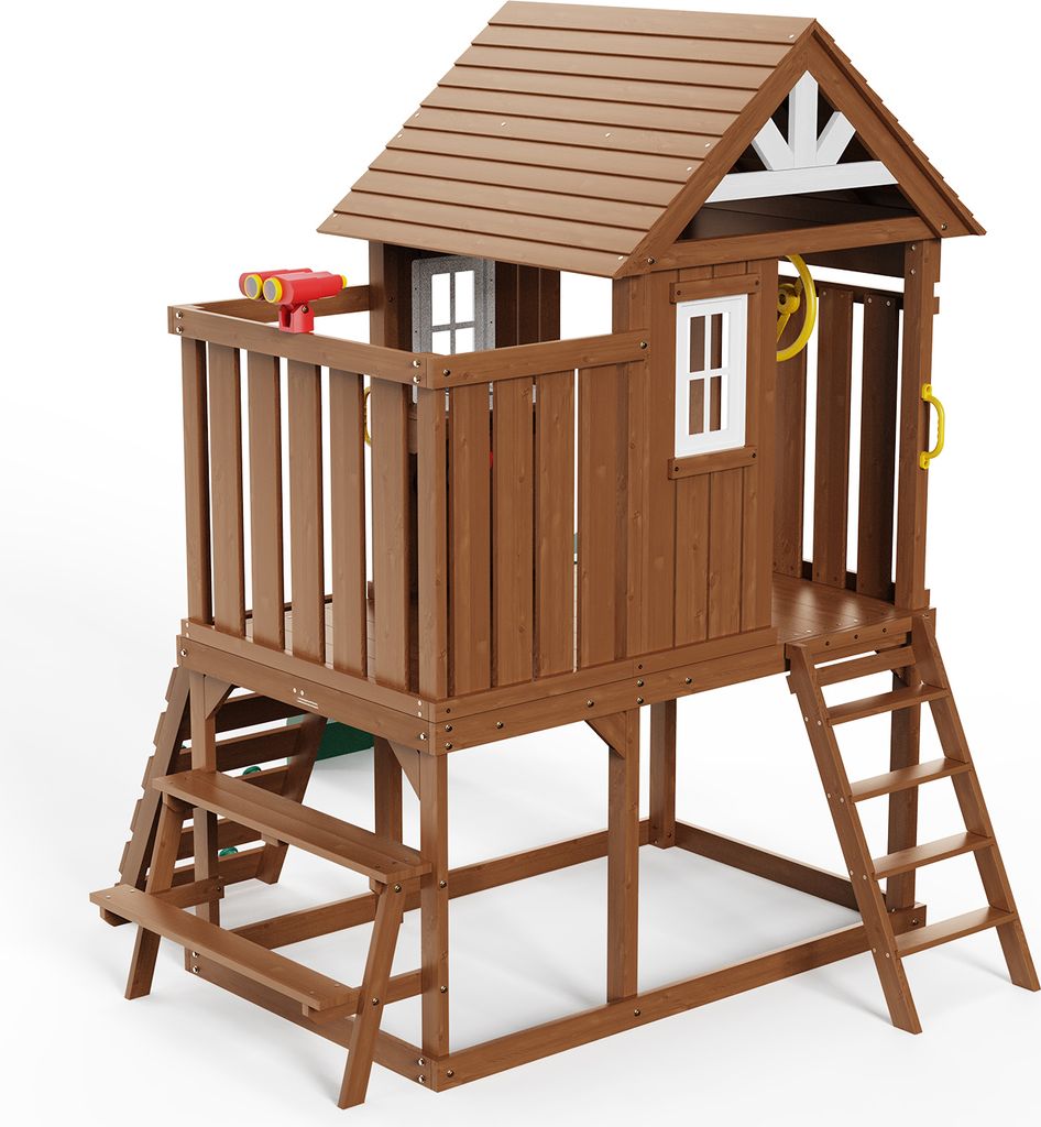 SucceBuy Spielhaus aus Holz für den Außenbereich, modernes Spielhaus aus Zedernholz mit Fenstern, Rutsche, Leiter, Kletterwand, Bank und Picknick...