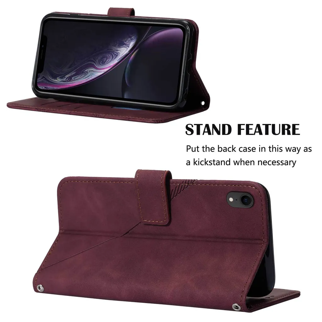 Custodia in pelle flip per iPhone XR con design a portafoglio e goffratura, porta carte e supporto rosso - 3