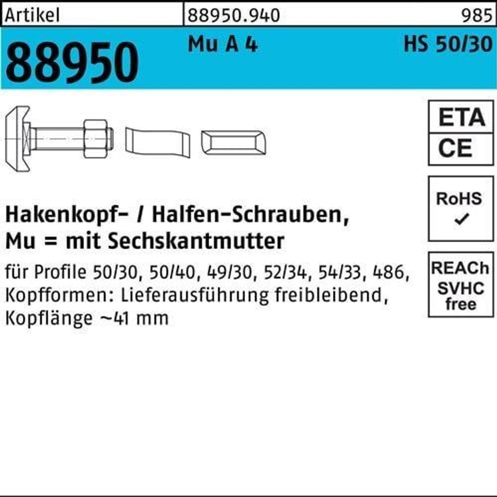 Hammerkopfschraube R 88950 Typ 50/30 6-kantmutter M 16 x 60 Mu A 4
