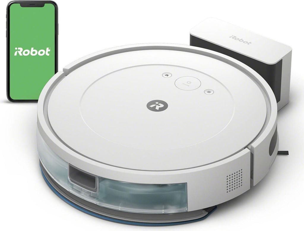 A white robot vacuum cleaner with a charging dock and a smartphone displaying the iRobot app, all on a white background.