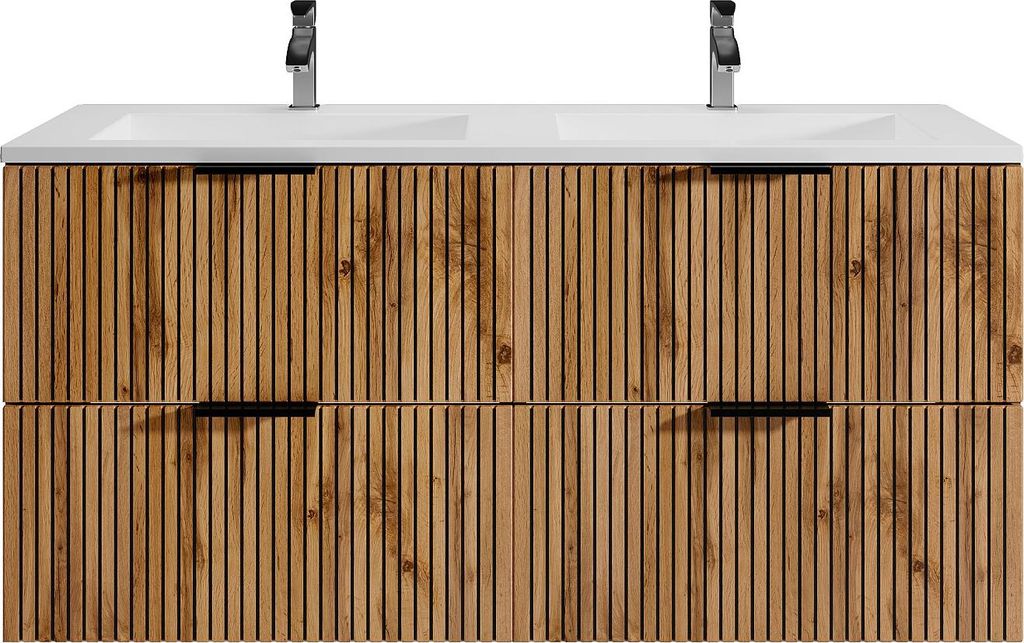 Rillenförmiger Hängeschrank für Badezimmer mit Waschbecken - Natürliches Licht und Schwarz - 120 cm - MADELA