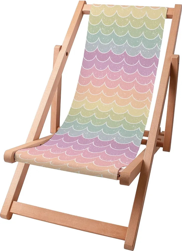 Sdraio per bambini Dreamroots pieghevole in legno fino a 130 kg, lettino prendisole pieghevole con regolazione dell'inclinazione dello schienale a 3 livelli, scala di pesce arcobaleno