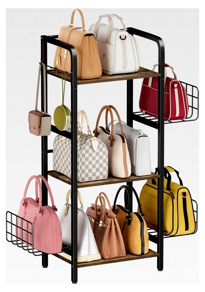 3-stöckiger Handtaschen-Organizer aus Holz und Metall, Aufbewahrungsständer mit verstellbarem Korb und Haken für Kleiderschrank, Schlafzimmer, F...