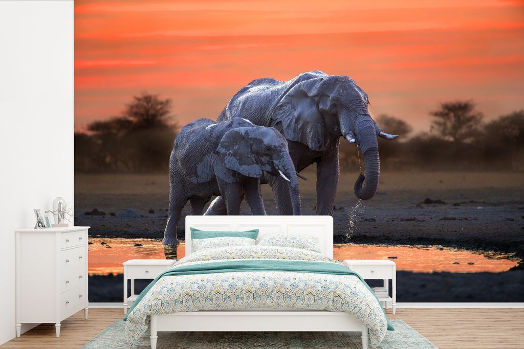 MuchoWow Fototapete für Wohnzimmer oder Schlafzimmer Wandtapete Vinyl Motivtapete Zwei Elefanten bei Sonnenuntergang - 450x300 cm - Gemusterte