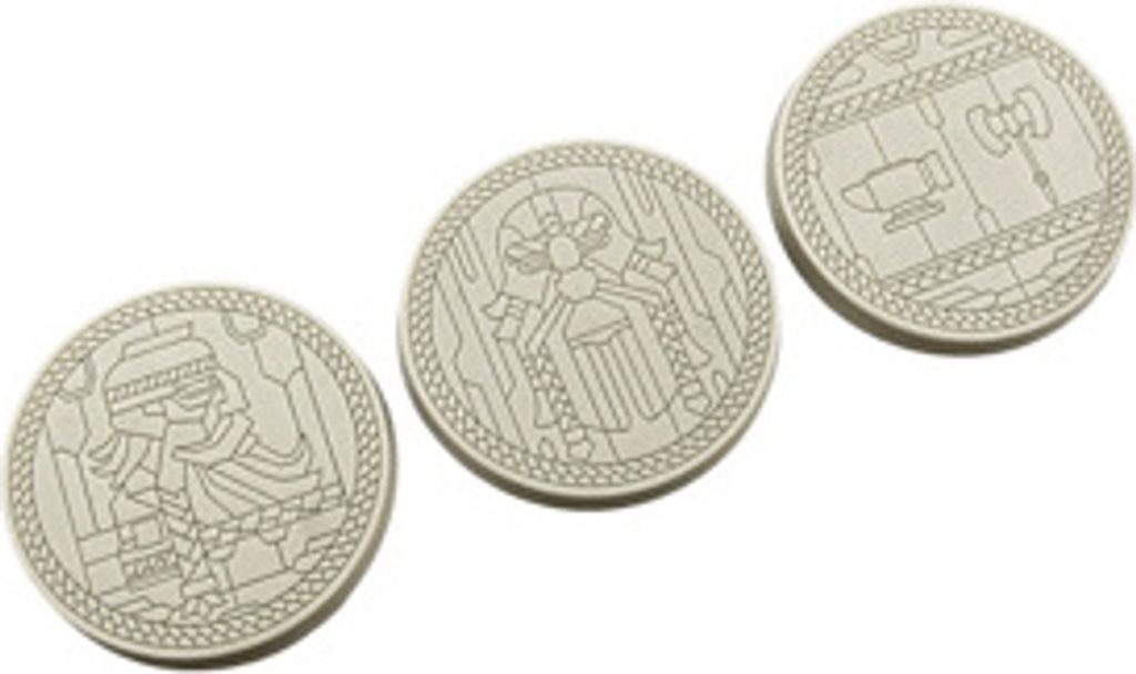 2er Set runde Bases 50mm im Zwergen-Stil mit Motiven von Köpfen, Symbolen und Waffen