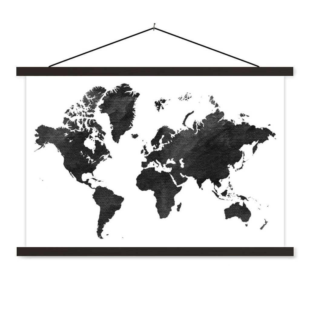 MuchoWow Textilposter Weltkarte - Vintage - Schwarz 90x60 cm mit schwarzem Rahmen - Aufhängungssatz