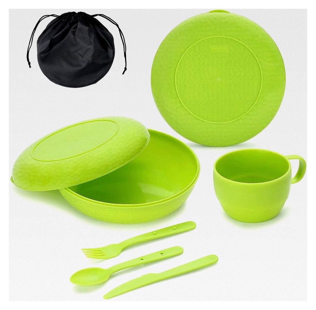 Camping Besteckset mit Schüssel, Teller, Tasse, Löffel, Gabel, Messer und Tragetasche, platzsparend, Utensilien aus Kunststoff für Reisen und Pi...