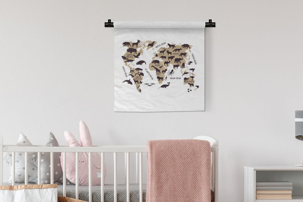 MuchoWow Wandteppich Wandbehang Weltkarte Kinder - Braun - Weiß 60x60 cm Tapisserie Dekoration Wandtuch - Dekorationen - Wand Decke