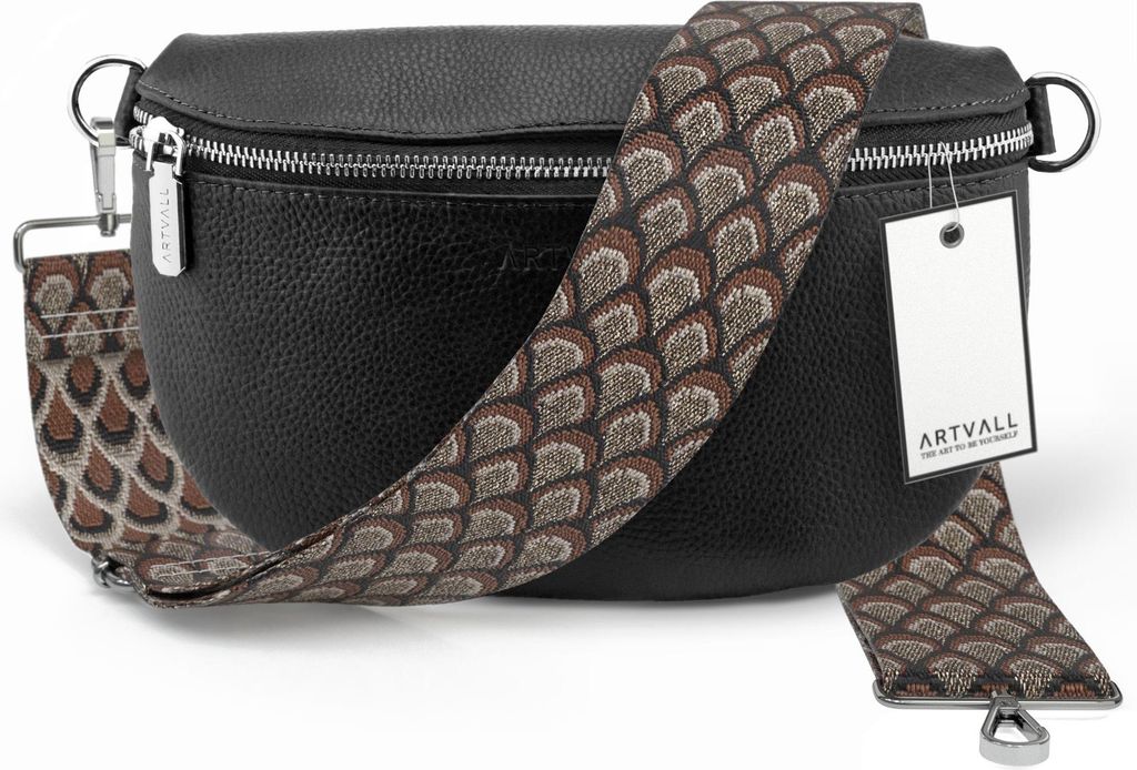 ARTVALL - Umhängetasche aus Leder, Klein mit verstellbarem Schultergurt, abnehmbares Taschenband, Crossbody Bag in Schwarz