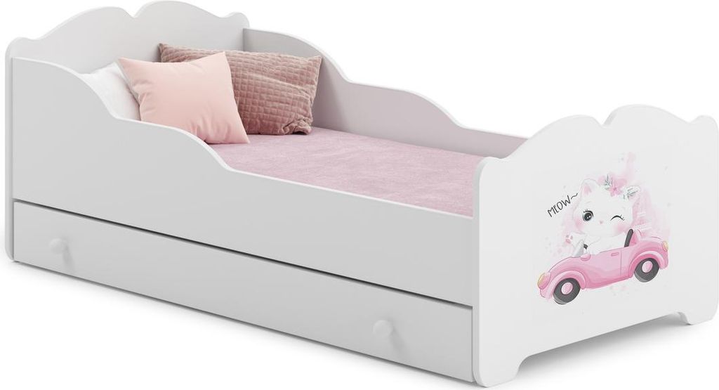 Kinderbett ANNA mit Schublade 140x70 cm – Weiß, Motiv Katze, inklusive Matratze und Montageanleitung, für Mädchen – Stabile und sichere Kons...