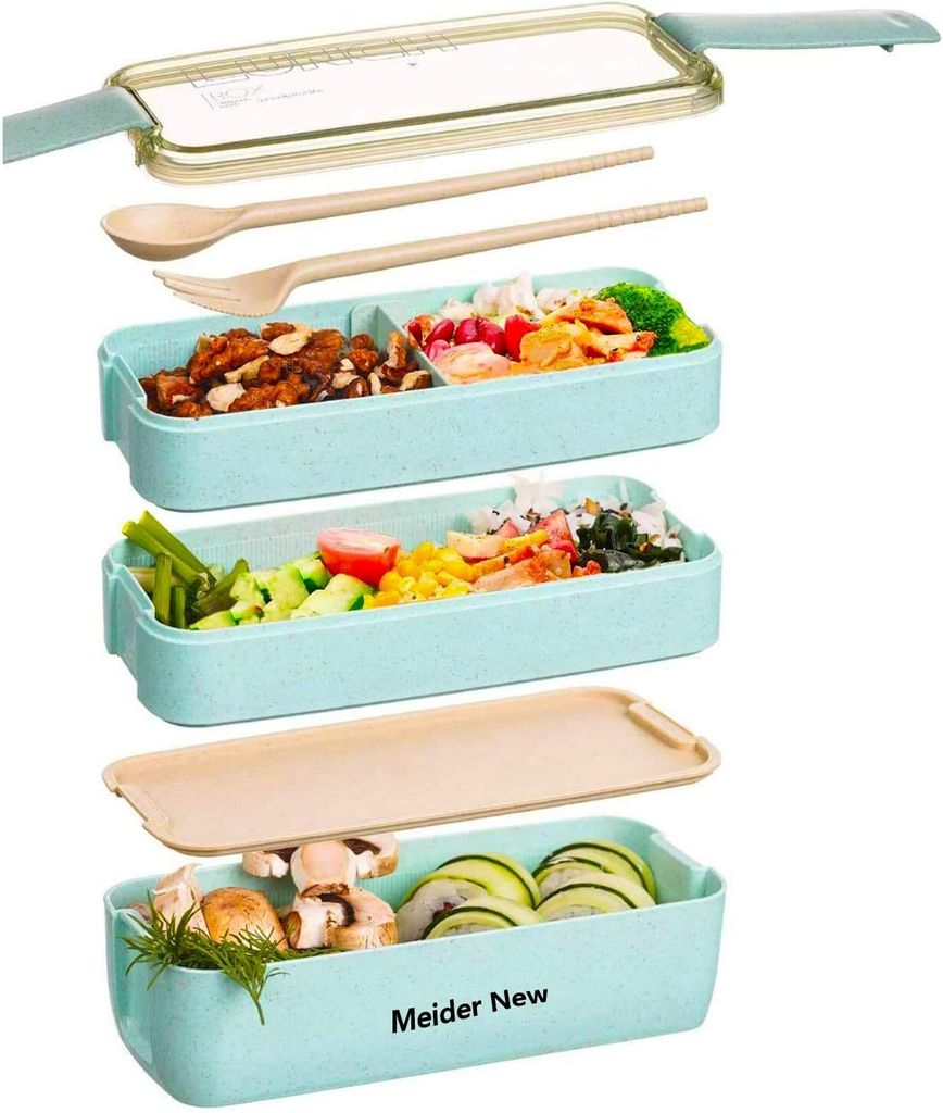 Japanische Bento Box Lunch Box, wiederverwendbare 3-in-1 Fächer, Bento Lunch Box Essensvorbereitungsbehälter mit Gabel, Löffel