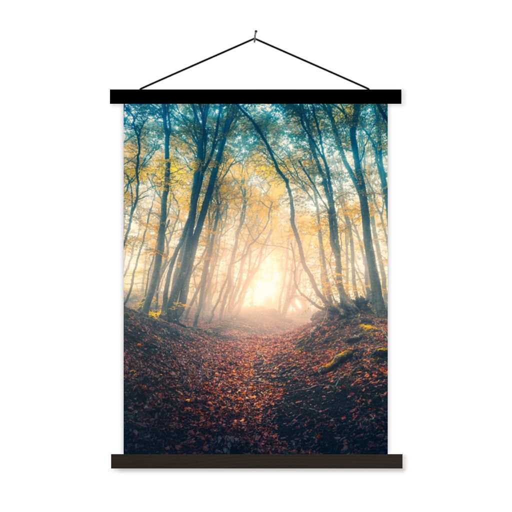 MuchoWow Textilposter Wald - Nebel - Sonne - Herbst 90x120 cm mit schwarzem Rahmen - Dekoration