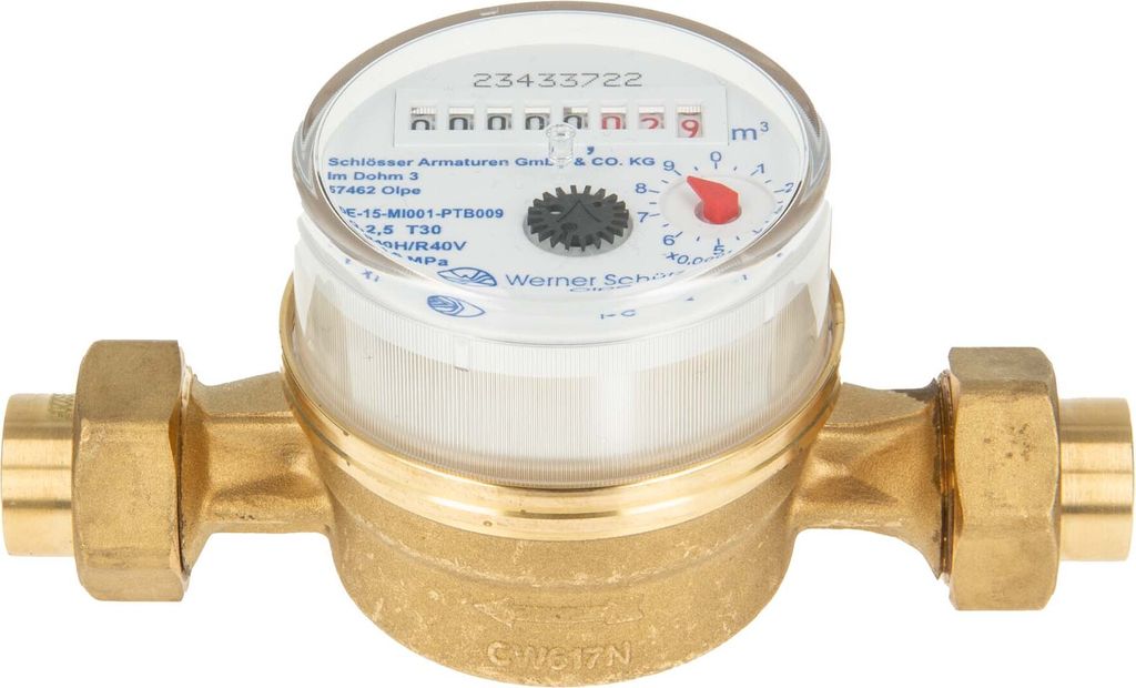 Einstrahlzähler ETK Kombi-Set (Kaltwasser) bis 30 Grad Länge 110 mm, inkl. Verschraubungen mit 15 mm Lötmuffe