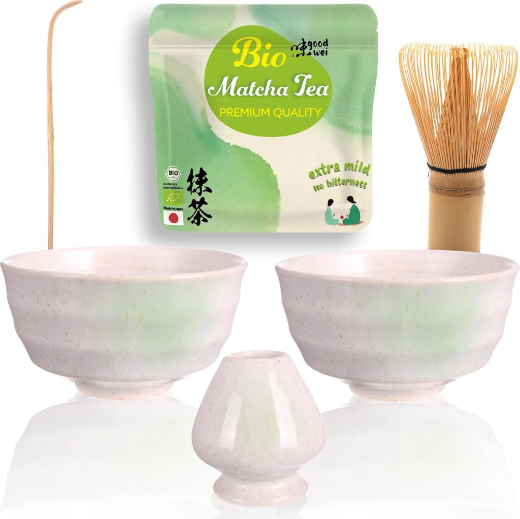 Matcha Duo Set "Shiro" mit 2 Schalen, Besen, Besenhalter & Matchapulver + Cocos – ideales Starterset für zwei und Matcha-Einsteiger