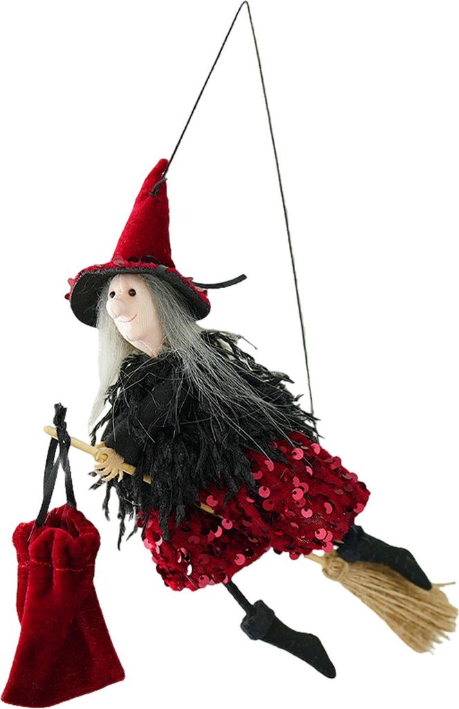 Halloween-Hexendekor zum Aufhängen, Hexenpuppe, Ornament, kleine fliegende Hexenfigur auf einem Besen für Garten, Hof, Spukhaus, Halloween-Dekor