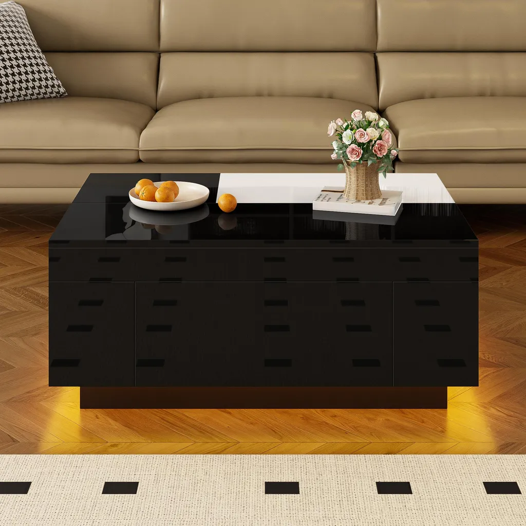 Table basse de salon design laquée avec LED réglables et rangement discret