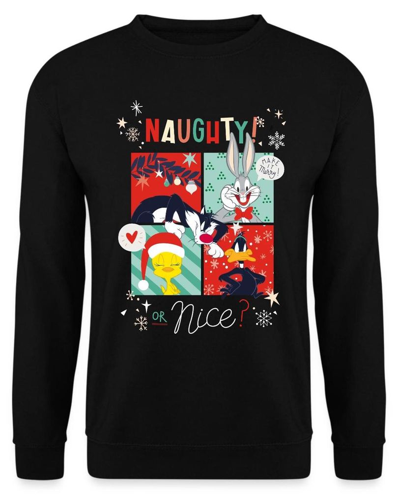 Spreadshirt Looney Tunes Böse Oder Lieb Weihnachten Bugs Bunny Uni Pullover, L, Schwarz