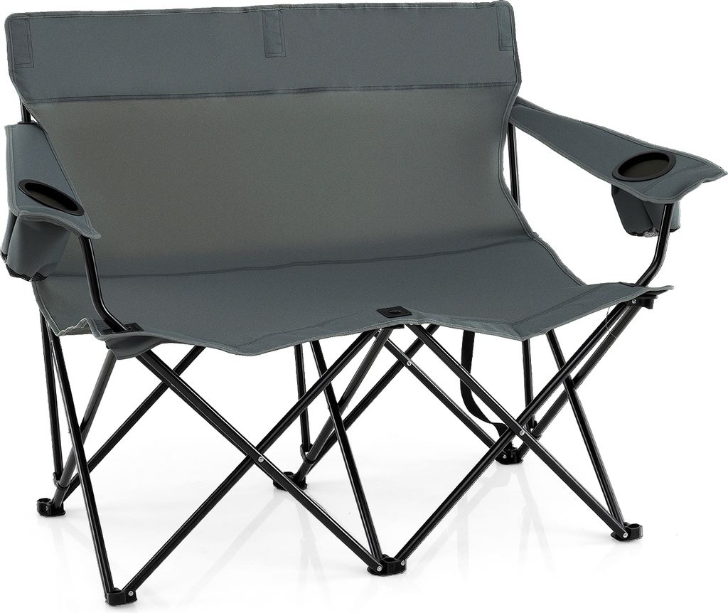 COSTWAY Campingstuhl für 2 Personen, Klappstuhl mit Getränkehaltern, Armlehnen & Tragetasche, klappbarer Campingsofa bis 300kg Grau