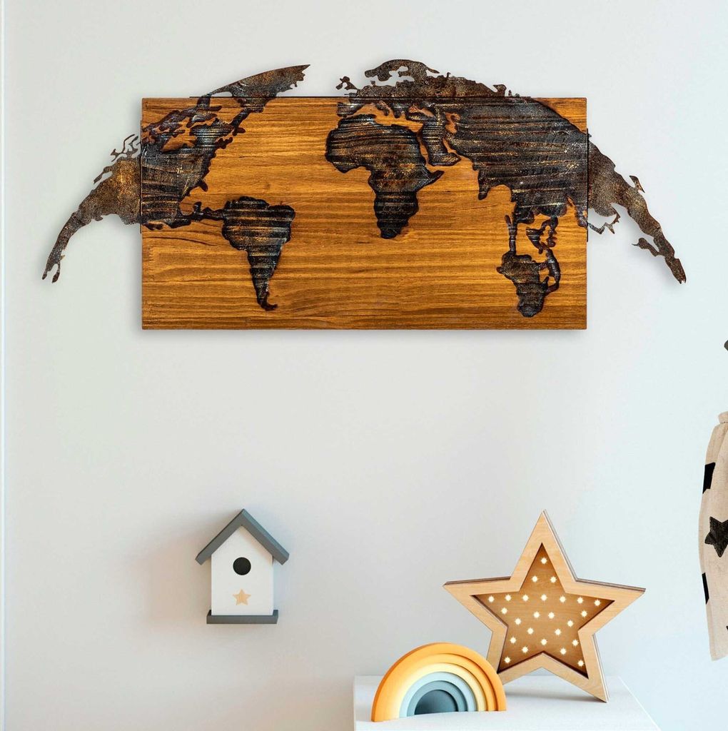 Wallity, World Map-1, Dekoratives Wandaccessoire aus Holz, Mehrfarbig, 100 % HOLZ / METALL, 83 x 3 x 38 cm