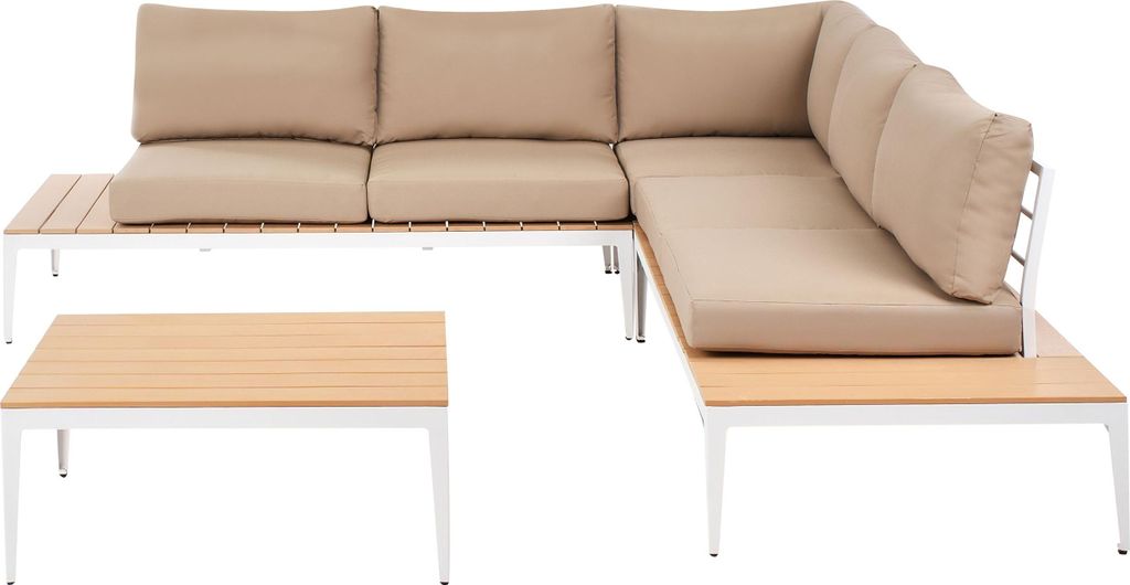 BELIANI 5-Sitzer Lounge Set mit Tisch Weiß Aluminium u. Kunstholz inkl. Auflagen Hellbraun Terrasse Outdoor Garten Ecksofa mit Couchtisch Modern G...
