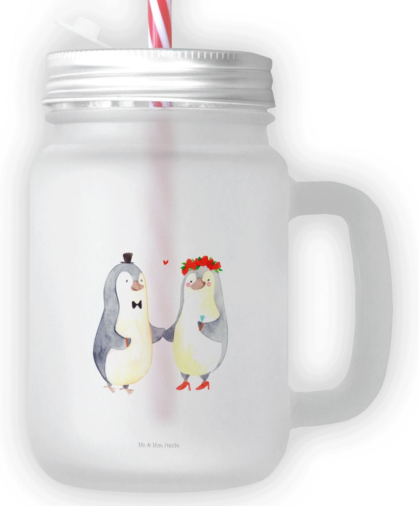Mr. & Mrs. Panda Glas Pinguin Heirat - Transparent - Geschenk, Braut, Freundin, Verliebt, Paar, Becher mit Strohhalm, Just Married, deckel, Hochzei...