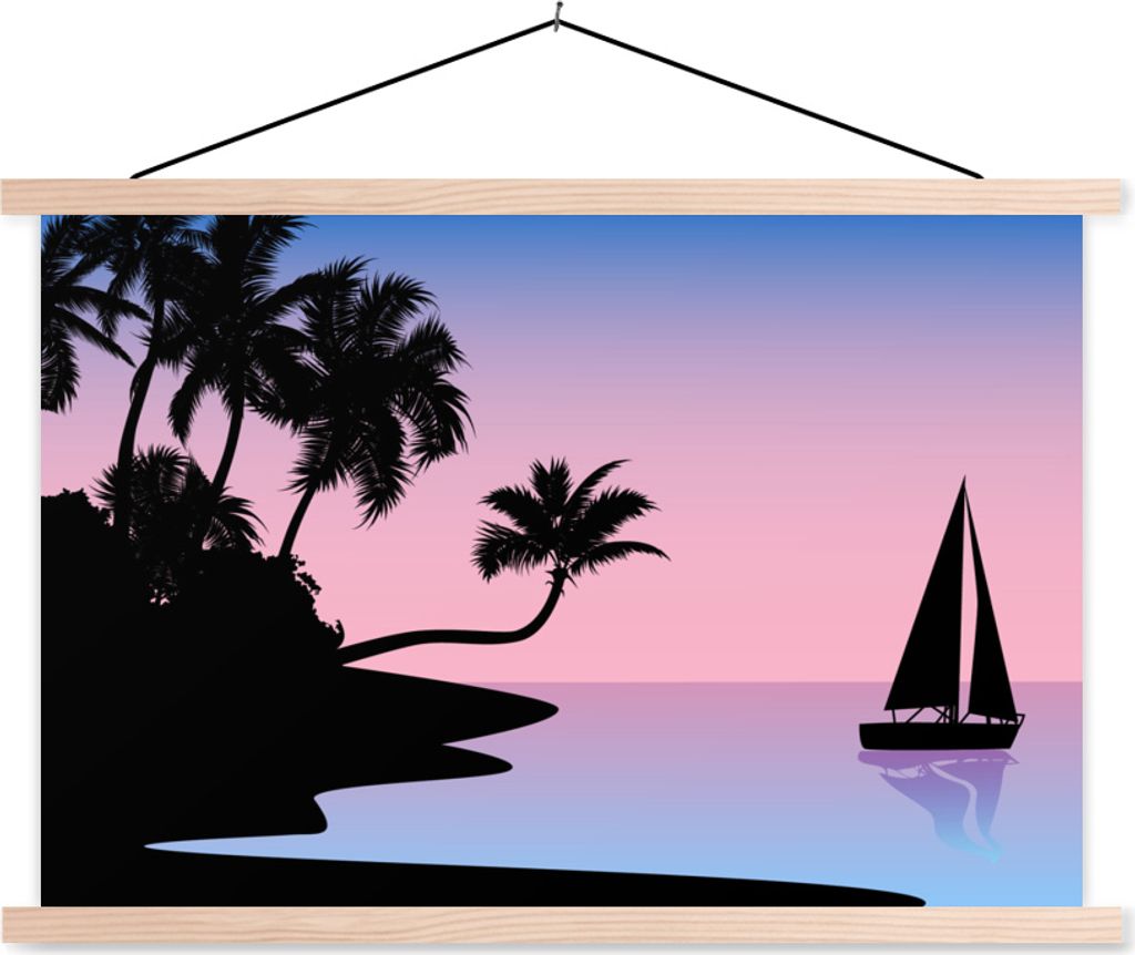 MuchoWow Textilposter Strand - Boot - Palme - Schatten 120x80 cm mit holzfarbenen Rahmen - Aufhängeset