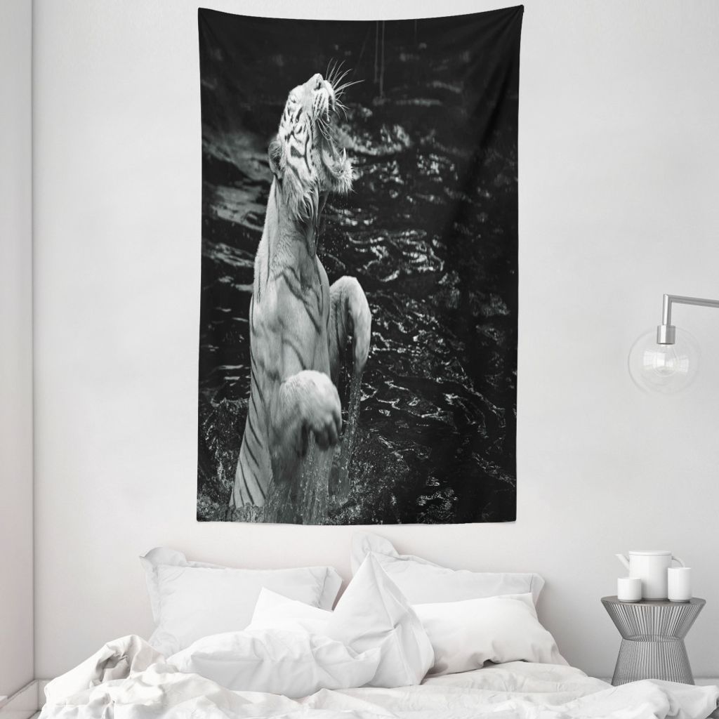 ABAKUHAUS Schwarz-Weiss Wandteppich und Tagesdecke, Exotic White Tiger aus Weiches Mikrofaser Stoff Waschbar ohne Verblassen Digitaldruck, 140 x 23...