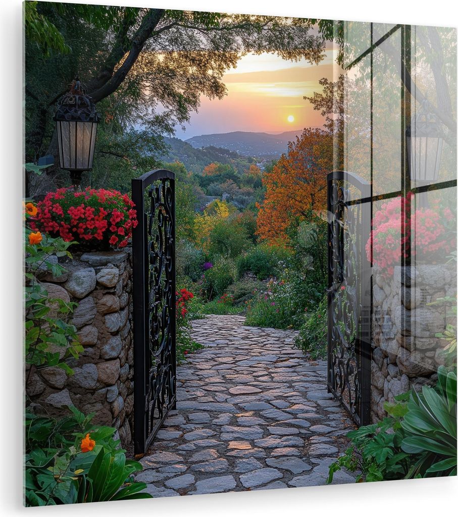 MuchoWow Glasbilder - Bilder auf Wandbild - Foto auf Glas Landschaft - Zaun - Weg - Sonnenuntergang - Natur 90x90 cm Wanddekoration aus Glas - Acry...