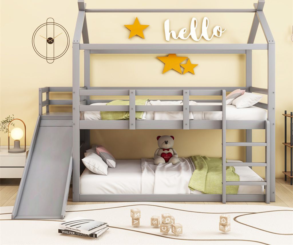 Kinderbett, 90*200 cm, niedriges Etagenbett, Hochbett mit Rutsche und Ablagefl?che, Massivholz-Etagenbett mit Lattenrost, Grau