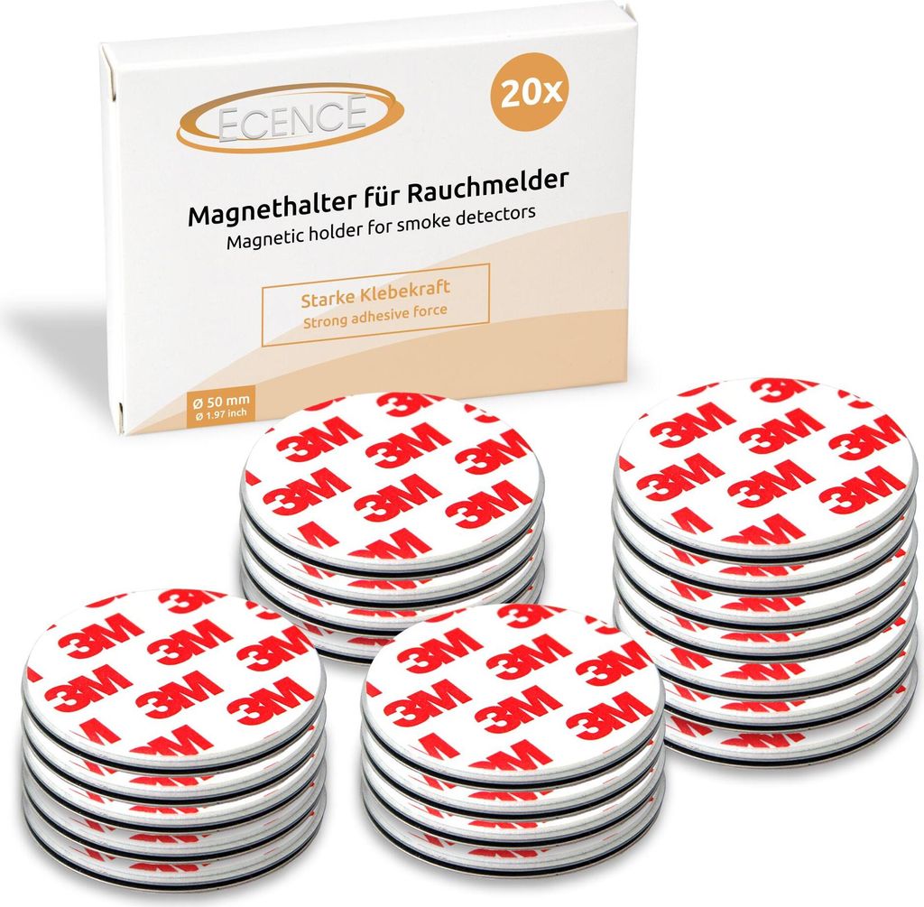A box of magnetic holders for smoke detectors, with several stacks of the holders shown in front of the box.