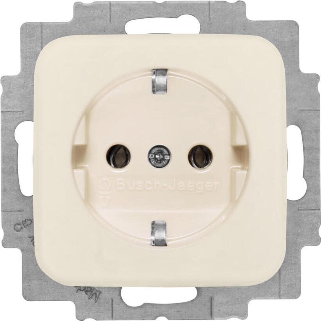 A close-up studio shot of a cream-colored electrical outlet mounted on a metal frame.